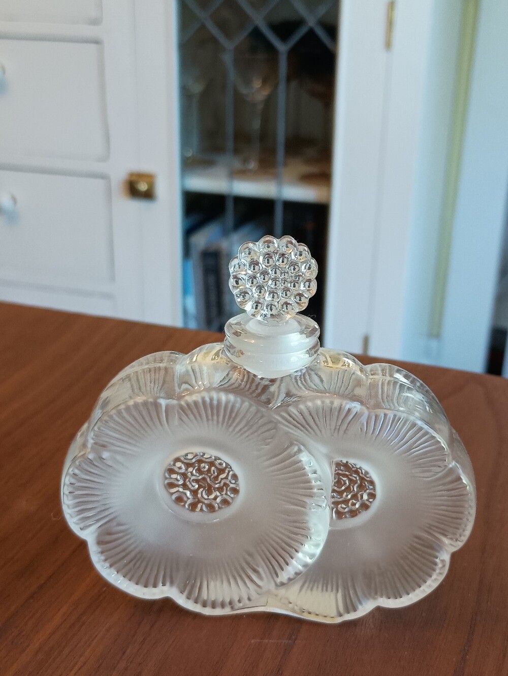 Iconic vintage signed Lalique Deux Fleurs frosted crystal perfume bottle (empty)